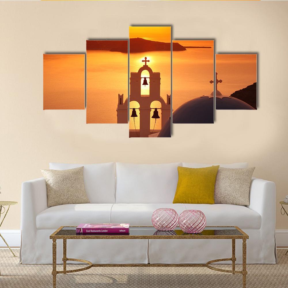 Santorini With Firostefani Church Canvas Wall Art-5 Star-Gallery Wrap-62" x 32"-Tiaracle