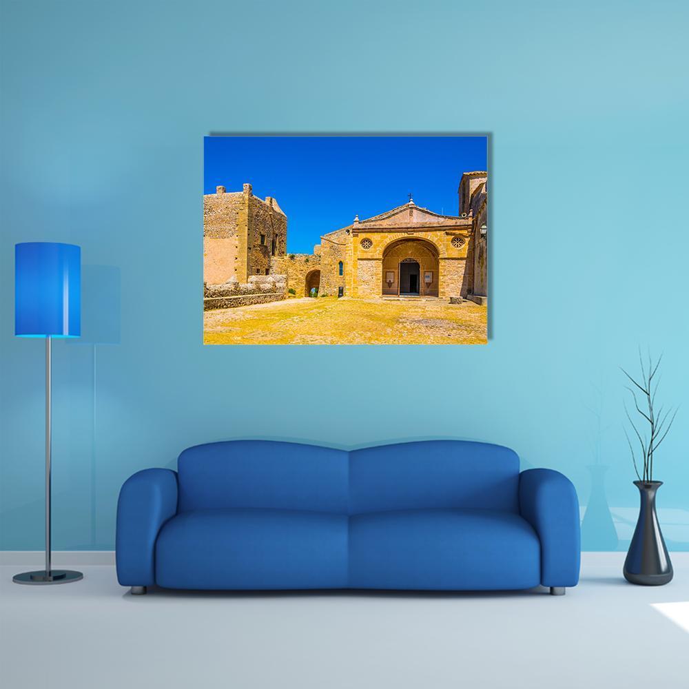 Santuari Del Puig De Maria, Mallorca Canvas Wall Art in beige, yellow and blue, single panel hung on a wall