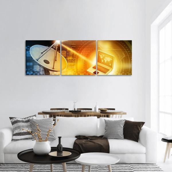 Satellite Dish Data Transmission Panoramic Canvas Wall Art in orange, yellow and blue, hung on a wall
