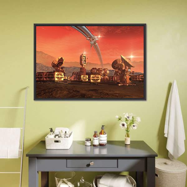 Satellite Dishes on Mars Canvas Wall Art in brown, red and orange, framed canvas, product view on a white background