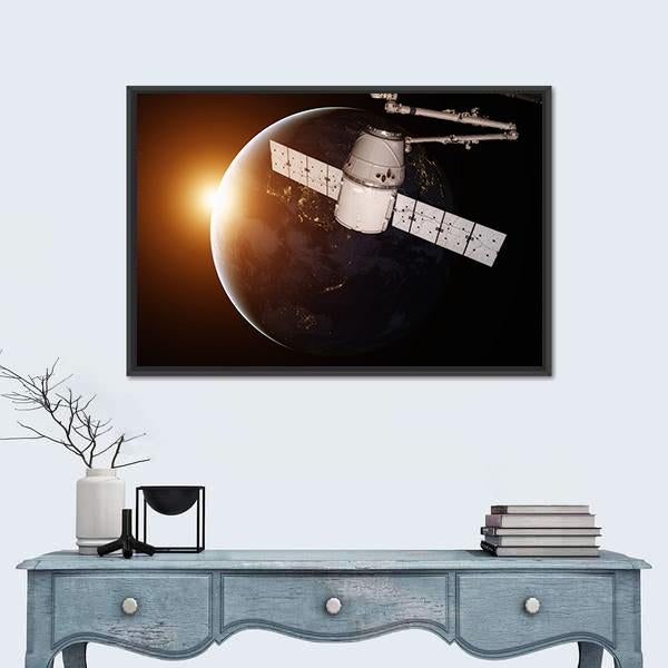 Satellite Orbiting The Planet Earth Canvas Wall Art-1 Piece-Floating Frame-24" x 16"-Tiaracle