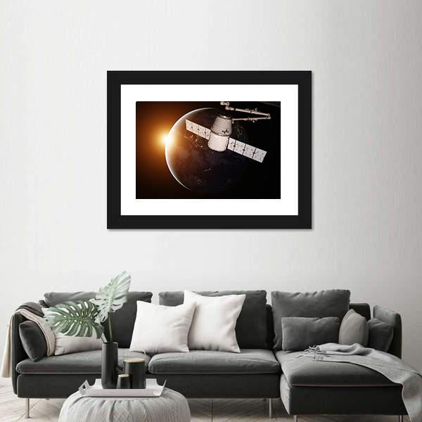 Satellite Orbiting The Planet Earth Canvas Wall Art-1 Piece-Framed Print-20" x 16"-Tiaracle