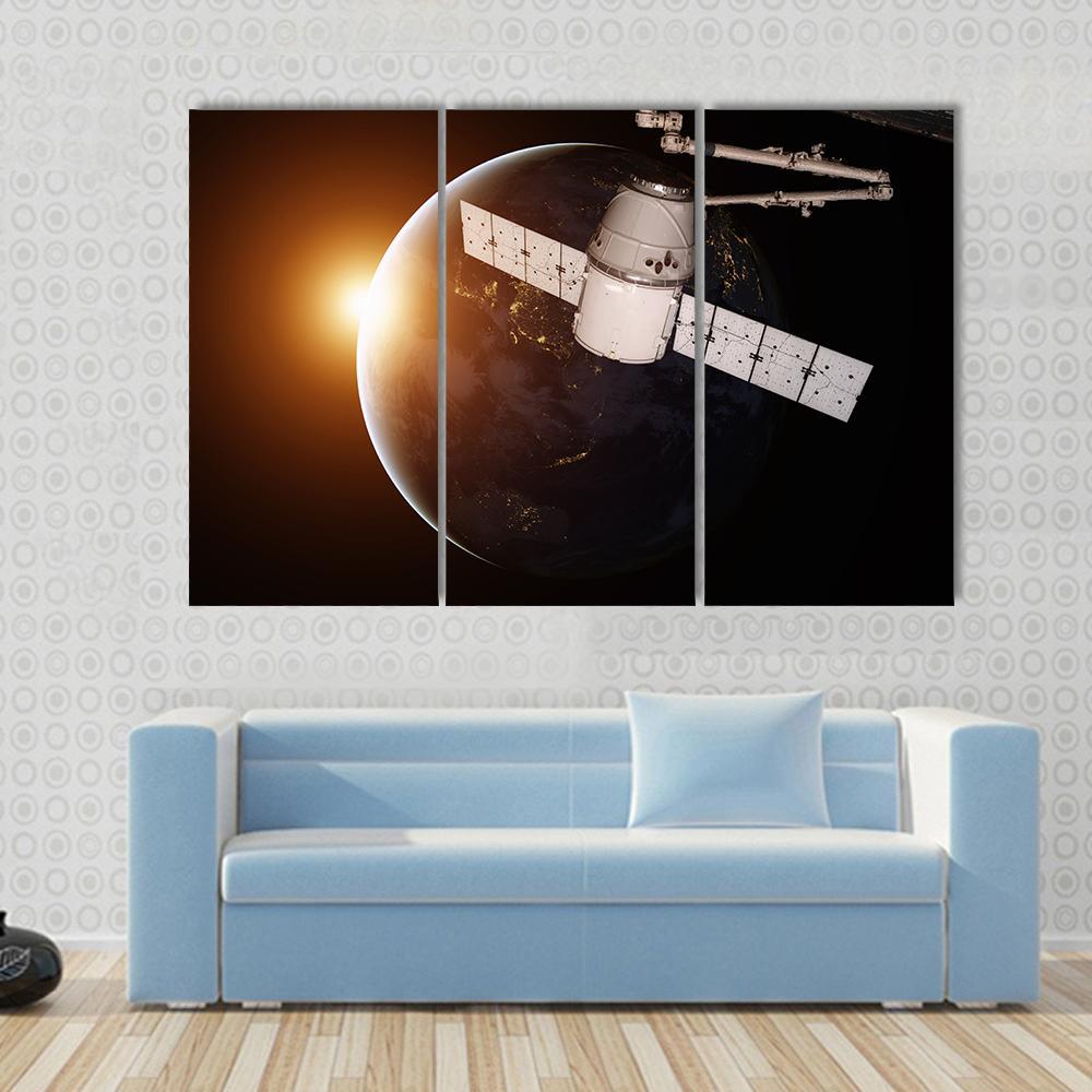 Satellite Orbiting The Planet Earth Canvas Wall Art-3 Horizontal-Gallery Wrap-37" x 24"-Tiaracle