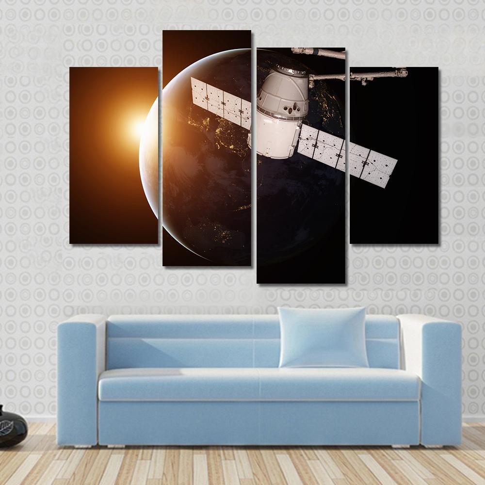 Satellite Orbiting The Planet Earth Canvas Wall Art-4 Pop-Gallery Wrap-50" x 32"-Tiaracle