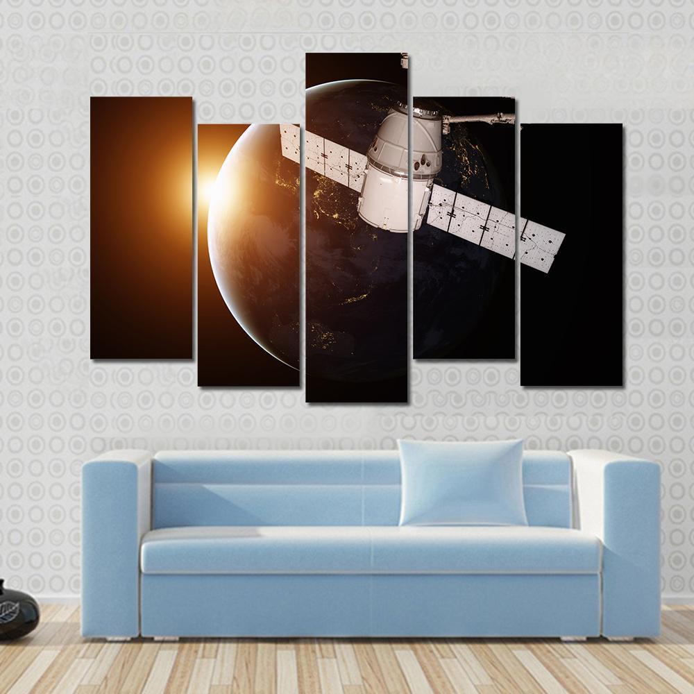 Satellite Orbiting The Planet Earth Canvas Wall Art-5 Pop-Gallery Wrap-47" x 32"-Tiaracle