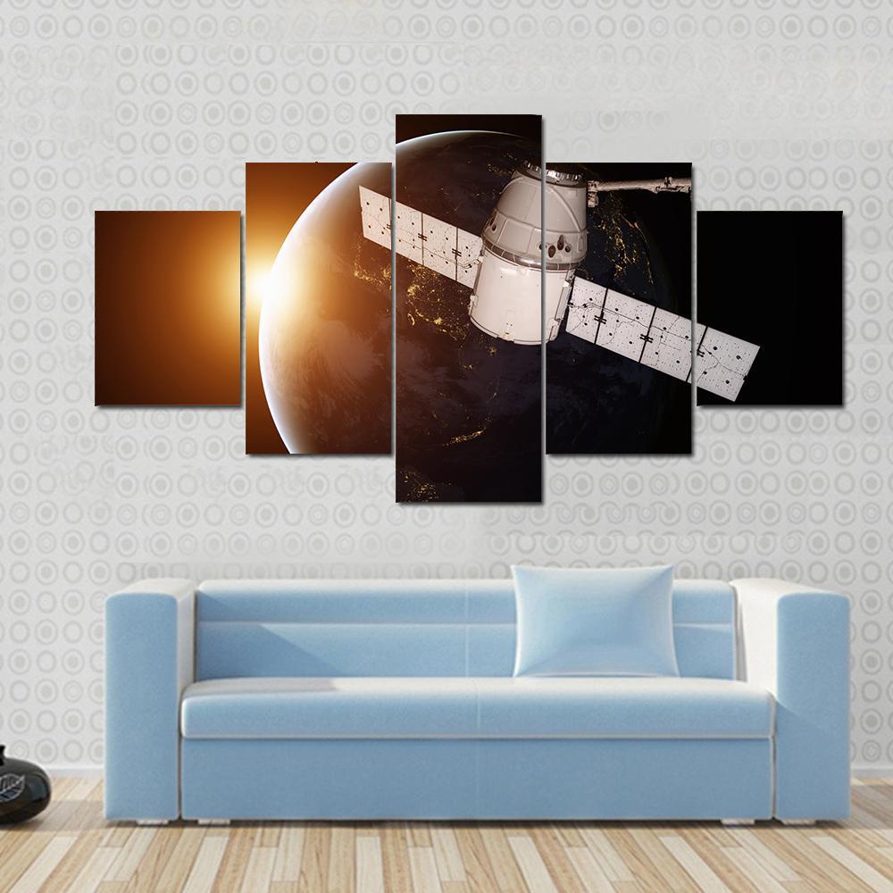 Satellite Orbiting The Planet Earth Canvas Wall Art-5 Star-Gallery Wrap-62" x 32"-Tiaracle