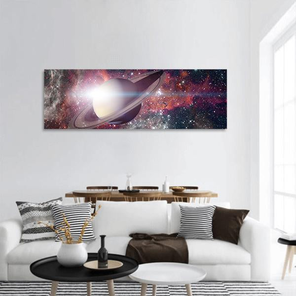 Saturn And His Ring System Panoramic Canvas Wall Art-1 Piece-36" x 12"-Tiaracle