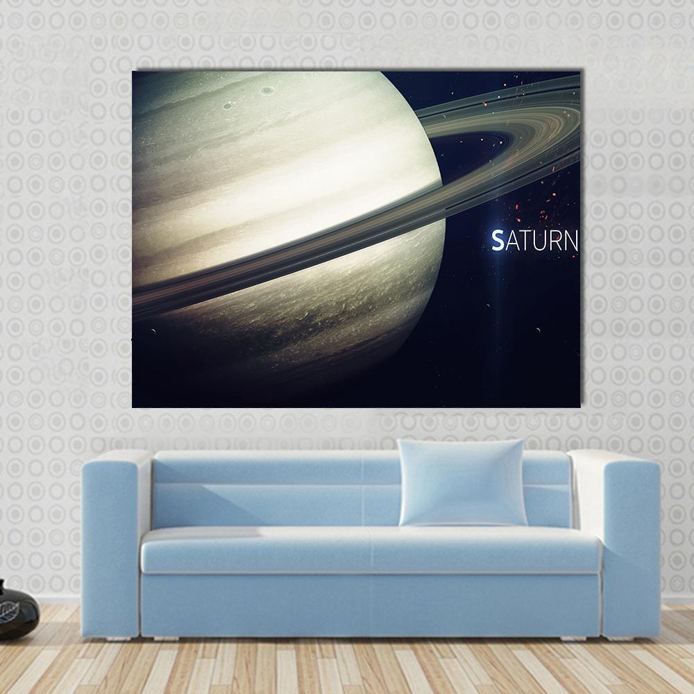 Saturn with Its Rings Canvas Wall Art in black, gray and beige, single panel hung on a wall