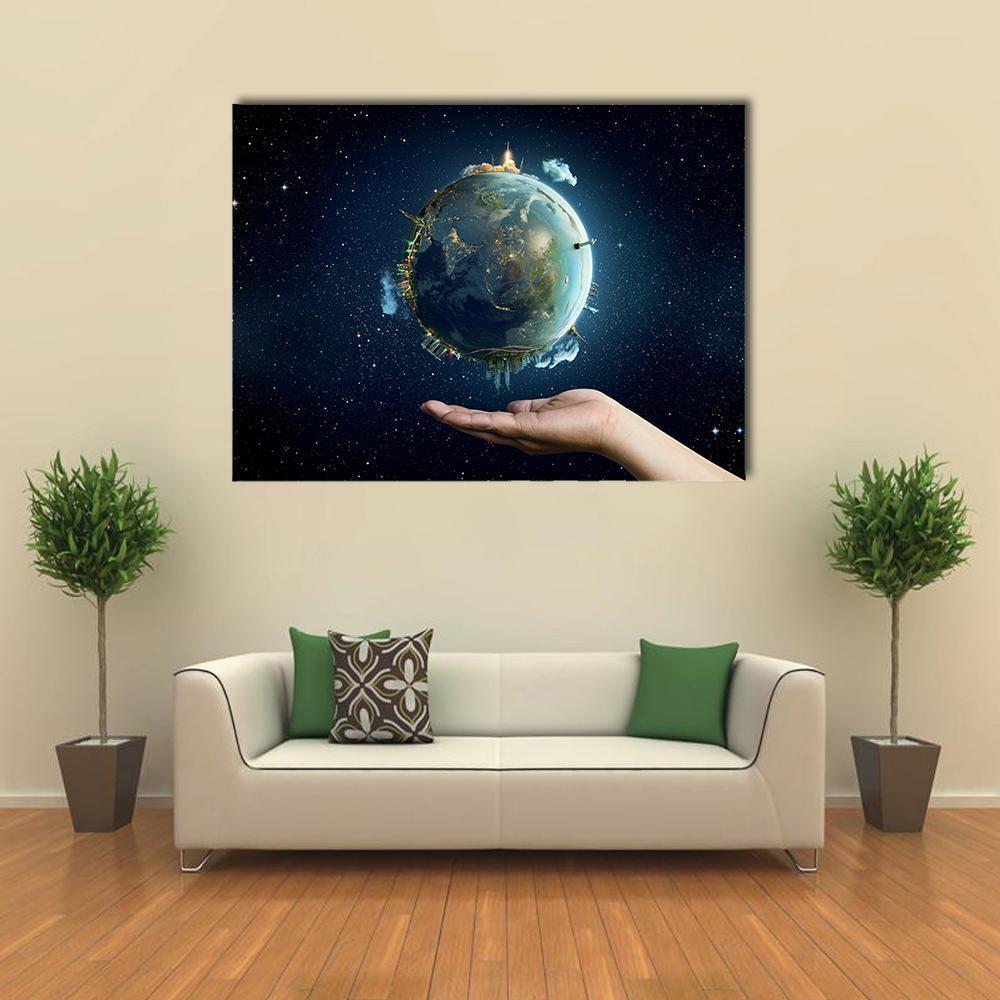 Hand Holding Planet Earth at Night Canvas Wall Art in black and blue, single panel hung on a wall