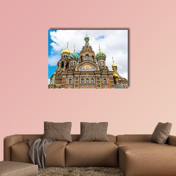 Church of the Savior on Spilled Blood Canvas Wall Art in brown, gold and blue, single panel hung on a wall