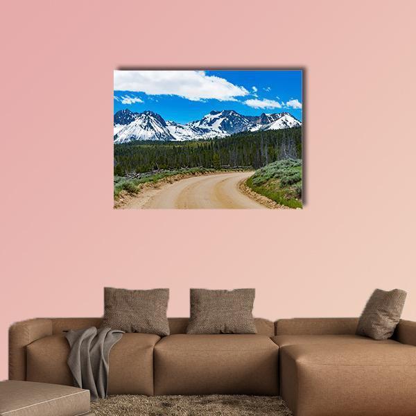 Sawtooth Scenic Byway in Idaho Canvas Wall Art in beige, green and blue, single panel hung on a wall