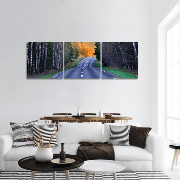 Swedish Birch Road at Golden Hour Panoramic Canvas Wall Art in orange, green and blue, hung on a wall