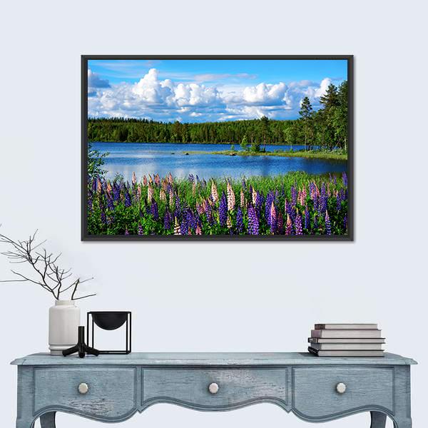 Scandinavian Summer Landscape With Lupies And Lake Canvas Wall Art-1 Piece-Floating Frame-24" x 16"-Tiaracle