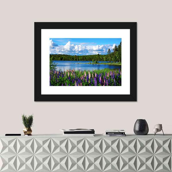 Scandinavian Summer Landscape With Lupies And Lake Canvas Wall Art-1 Piece-Framed Print-20" x 16"-Tiaracle