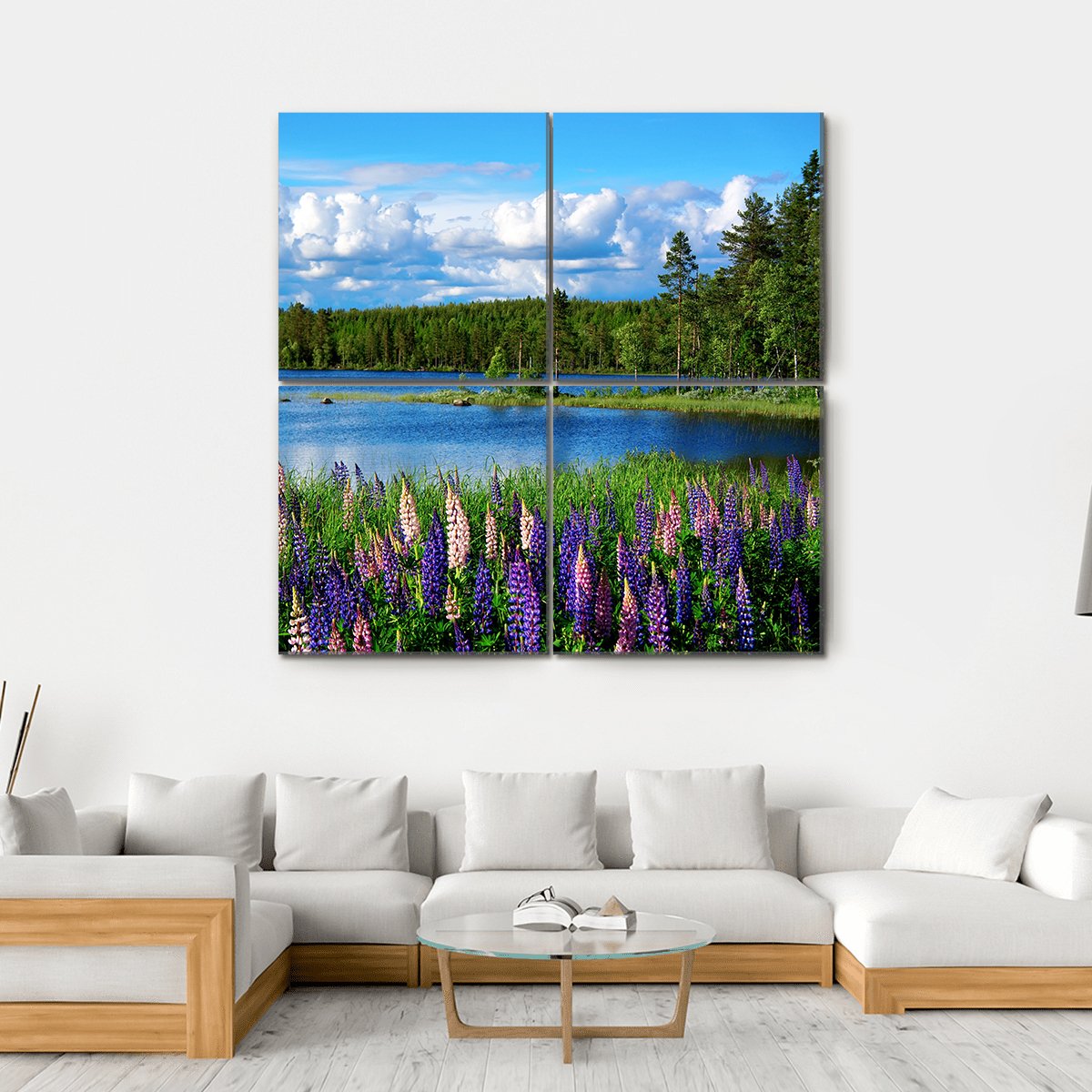 Scandinavian Summer Landscape With Lupies And Lake Canvas Wall Art-4 Square-Gallery Wrap-17" x 17"-Tiaracle