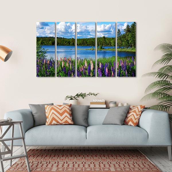 Scandinavian Summer Landscape With Lupies And Lake Canvas Wall Art-5 Horizontal-Gallery Wrap-22" x 12"-Tiaracle