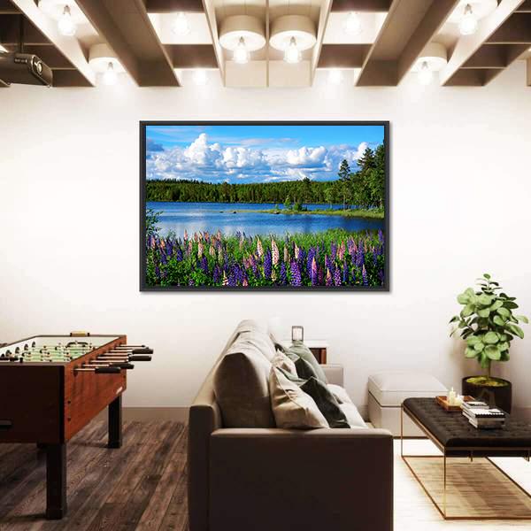 Scandinavian Summer Landscape With Lupies And Lake Canvas Wall Art-3 Horizontal-Gallery Wrap-25" x 16"-Tiaracle