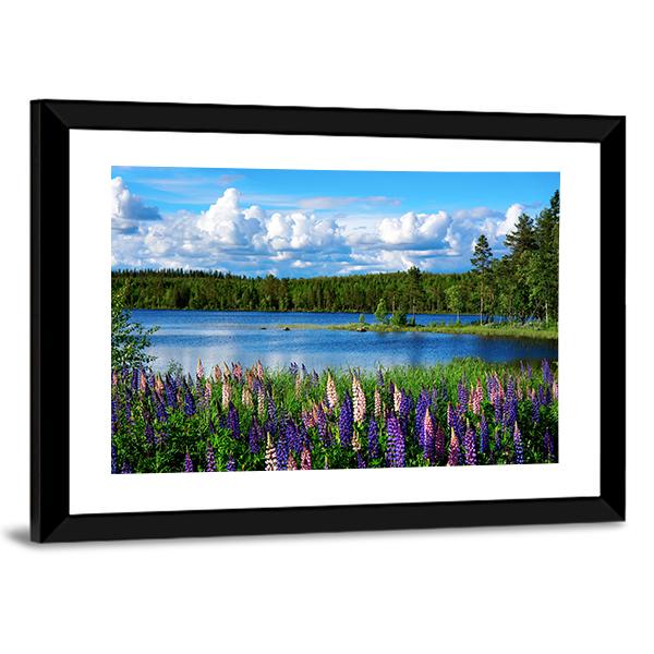 Scandinavian Summer Landscape With Lupies And Lake Canvas Wall Art-3 Horizontal-Gallery Wrap-25" x 16"-Tiaracle