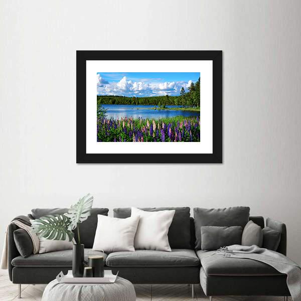 Scandinavian Summer Landscape With Lupies And Lake Canvas Wall Art-3 Horizontal-Gallery Wrap-25" x 16"-Tiaracle
