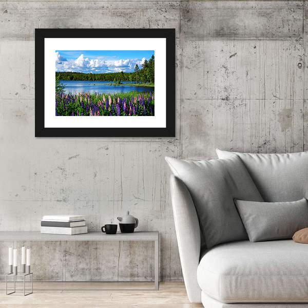 Scandinavian Summer Landscape With Lupies And Lake Canvas Wall Art-3 Horizontal-Gallery Wrap-25" x 16"-Tiaracle