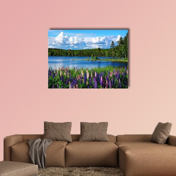 Scandinavian Summer Landscape With Lupies And Lake Canvas Wall Art-1 Piece-Gallery Wrap-48&quot; x 32&quot;-Tiaracle