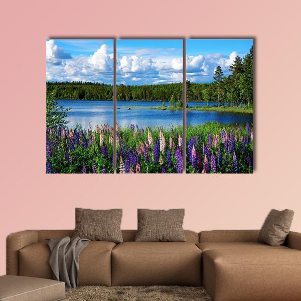 Scandinavian Summer Landscape With Lupies And Lake Canvas Wall Art-3 Horizontal-Gallery Wrap-37&quot; x 24&quot;-Tiaracle