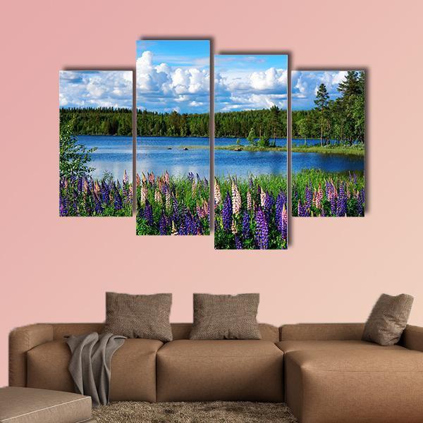 Scandinavian Summer Landscape With Lupies And Lake Canvas Wall Art-5 Star-Gallery Wrap-62" x 32"-Tiaracle