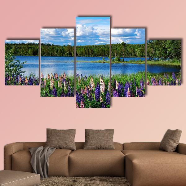 Scandinavian Summer Landscape With Lupies And Lake Canvas Wall Art-5 Star-Gallery Wrap-62" x 32"-Tiaracle