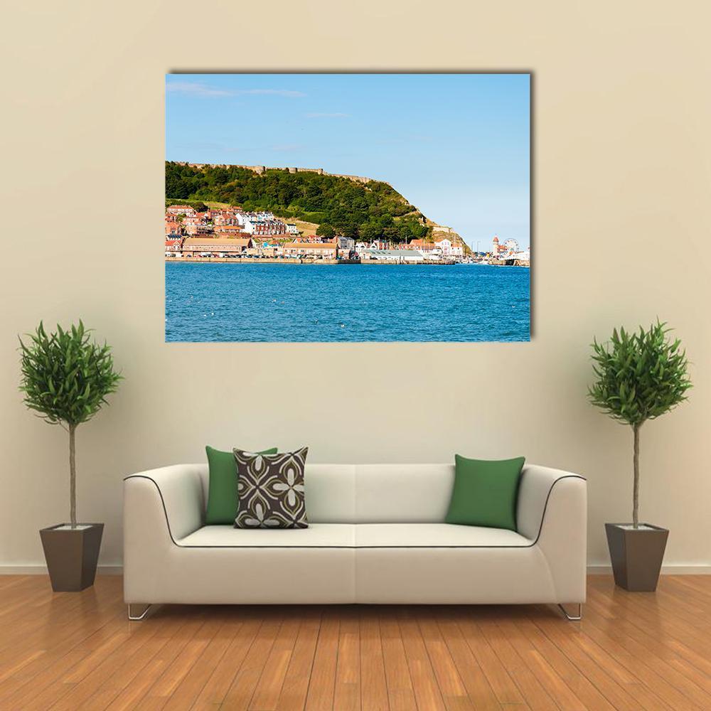Scarborough South Bay Harbor Canvas Wall Art in white, green and blue, single panel hung on a wall