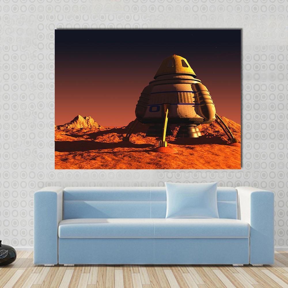 Astronaut Exploring Mars Landscape Canvas Wall Art in black, orange and yellow, single panel hung on a wall