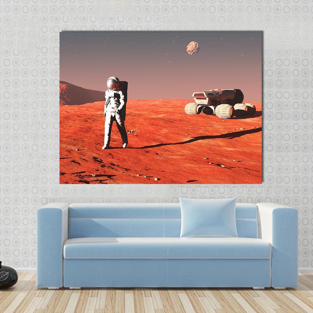 Astronaut Exploring Mars Canvas Wall Art in brown, red and orange, single panel hung on a wall
