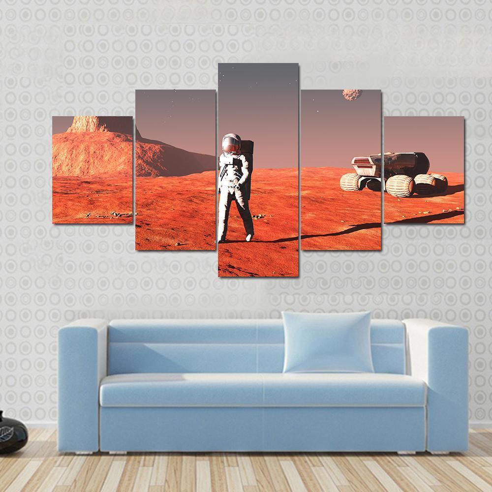Scene Of The Astronaut On Mars Canvas Wall Art-5 Star-Gallery Wrap-62" x 32"-Tiaracle