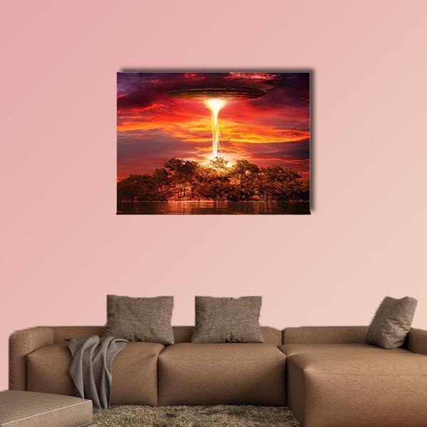 Ufo Over Island at Sunset Canvas Wall Art in red, orange and yellow, single panel hung on a wall