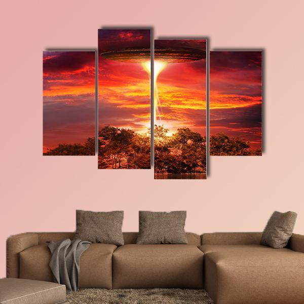 Scene With UFO Floating Over The Island Canvas Wall Art-4 Pop-Gallery Wrap-50" x 32"-Tiaracle