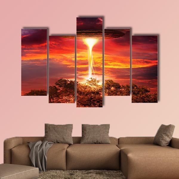 Scene With UFO Floating Over The Island Canvas Wall Art-5 Pop-Gallery Wrap-47" x 32"-Tiaracle