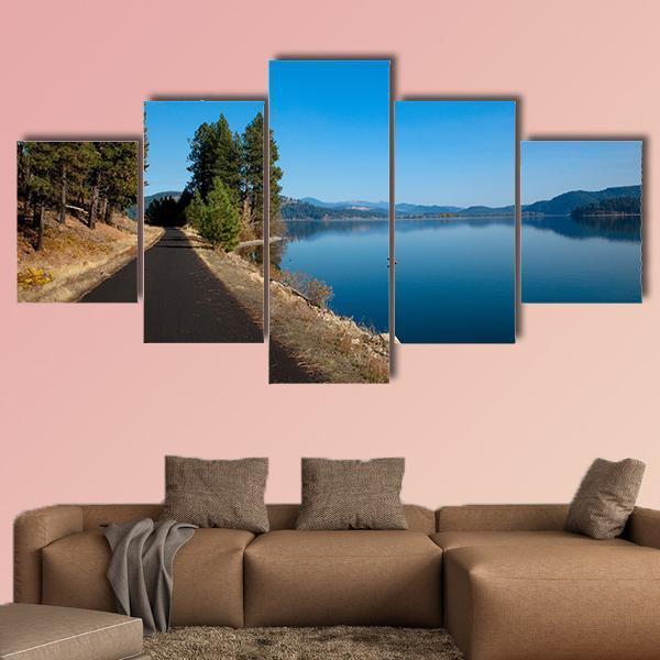 Scenery Of A Clam Blue Lake Canvas Wall Art-5 Star-Gallery Wrap-62" x 32"-Tiaracle