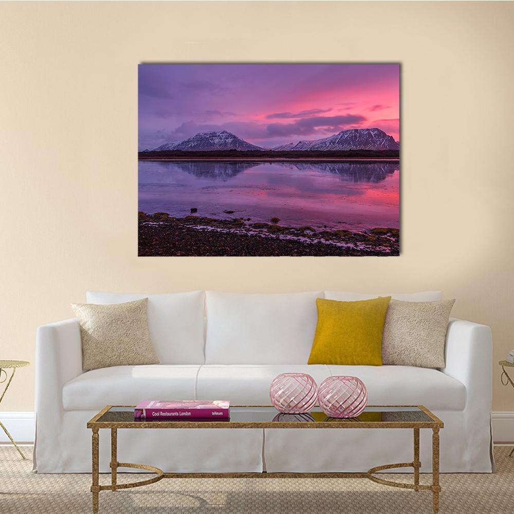 Scenery Of Mountains With Lake At Sunset Canvas Wall Art-1 Piece-Gallery Wrap-48" x 32"-Tiaracle