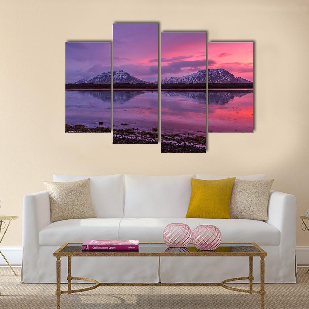 Scenery Of Mountains With Lake At Sunset Canvas Wall Art-4 Pop-Gallery Wrap-50" x 32"-Tiaracle