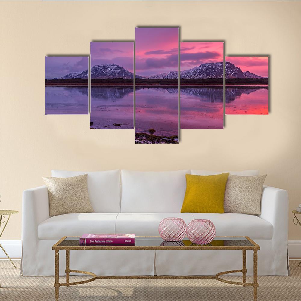 Scenery Of Mountains With Lake At Sunset Canvas Wall Art-5 Star-Gallery Wrap-62" x 32"-Tiaracle