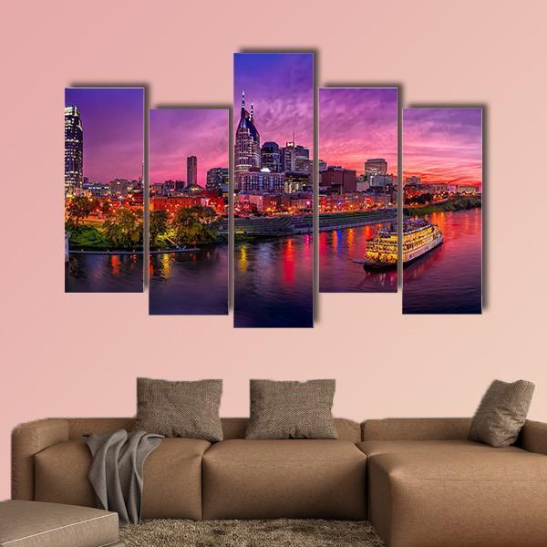 Scenery Of Nashville Skyline With Boat Canvas Wall Art-5 Pop-Gallery Wrap-47" x 32"-Tiaracle