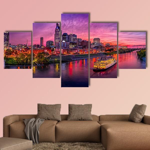 Scenery Of Nashville Skyline With Boat Canvas Wall Art-5 Star-Gallery Wrap-62" x 32"-Tiaracle