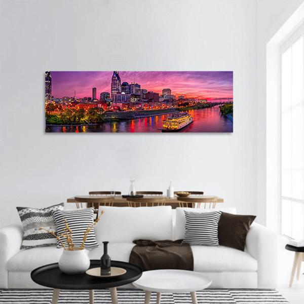 Scenery Of Nashville Skyline With Boat Panoramic Canvas Wall Art-3 Piece-25" x 08"-Tiaracle