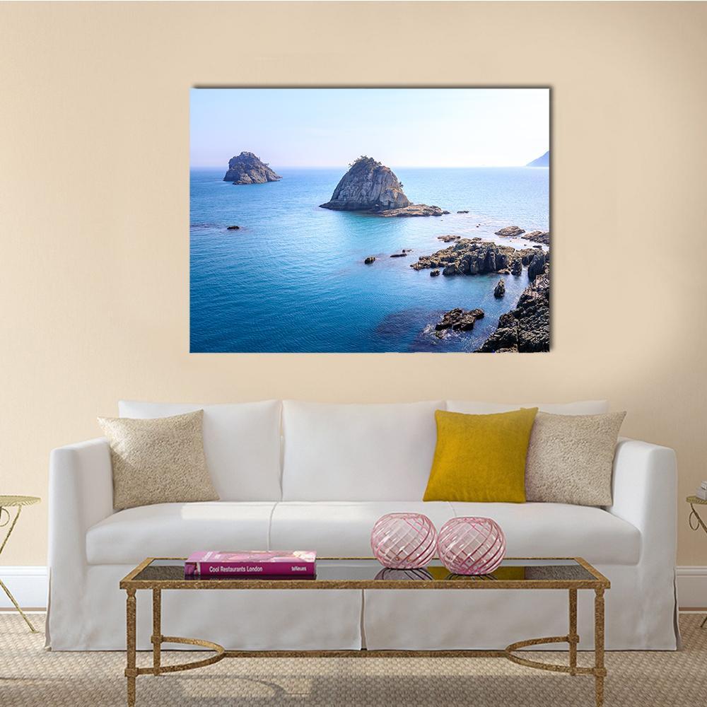 Oryukdo Islands Seascape, Busan Canvas Wall Art in white and blue, single panel hung on a wall