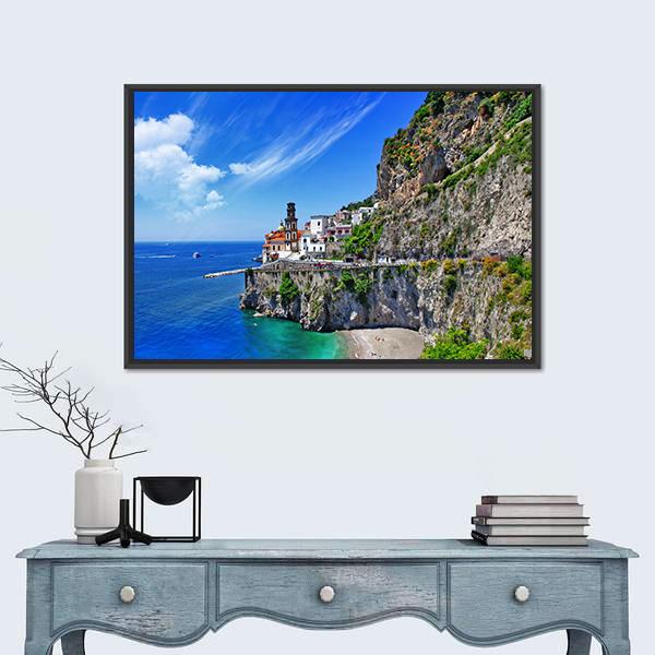Scenic Amalfi Coast In Atrani Village Canvas Wall Art-1 Piece-Floating Frame-24" x 16"-Tiaracle