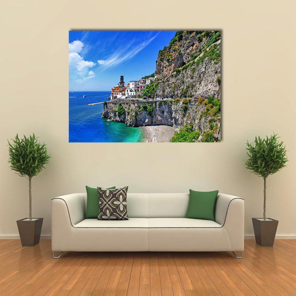 Atrani Village on the Amalfi Coast Canvas Wall Art in white, gray and blue, single panel hung on a wall