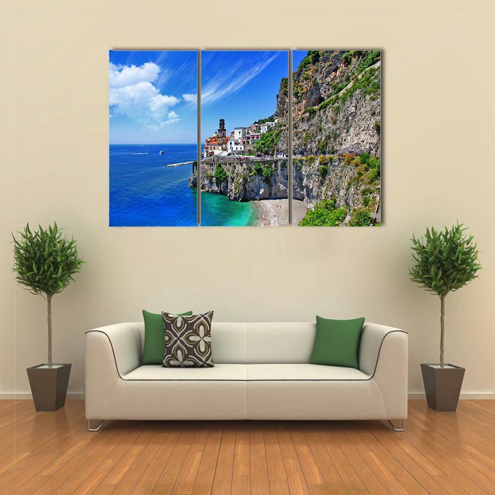Atrani on the Amalfi Coast Canvas Wall Art in gray, green and blue, 3 panel horizontal set hung on a wall