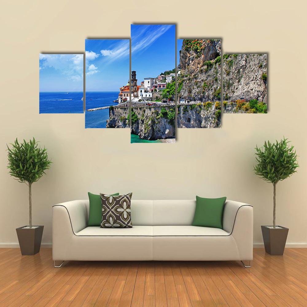 Scenic Amalfi Coast In Atrani Village Canvas Wall Art-5 Star-Gallery Wrap-62" x 32"-Tiaracle