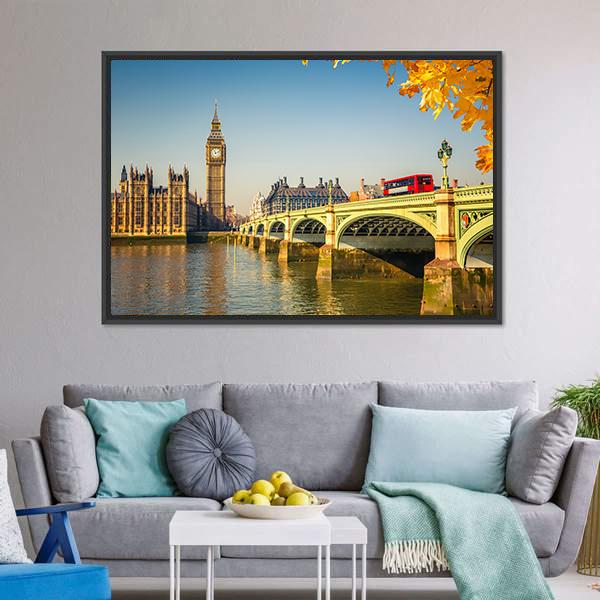 Scenic Big Ben And Westminster Bridge Canvas Wall Art-3 Horizontal-Gallery Wrap-25" x 16"-Tiaracle