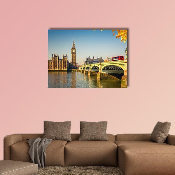 Big Ben and Westminster Bridge Canvas Wall Art in gold, yellow and blue, single panel hung on a wall