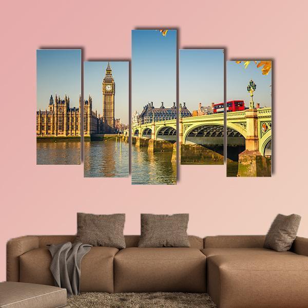 Scenic Big Ben And Westminster Bridge Canvas Wall Art-5 Pop-Gallery Wrap-47" x 32"-Tiaracle